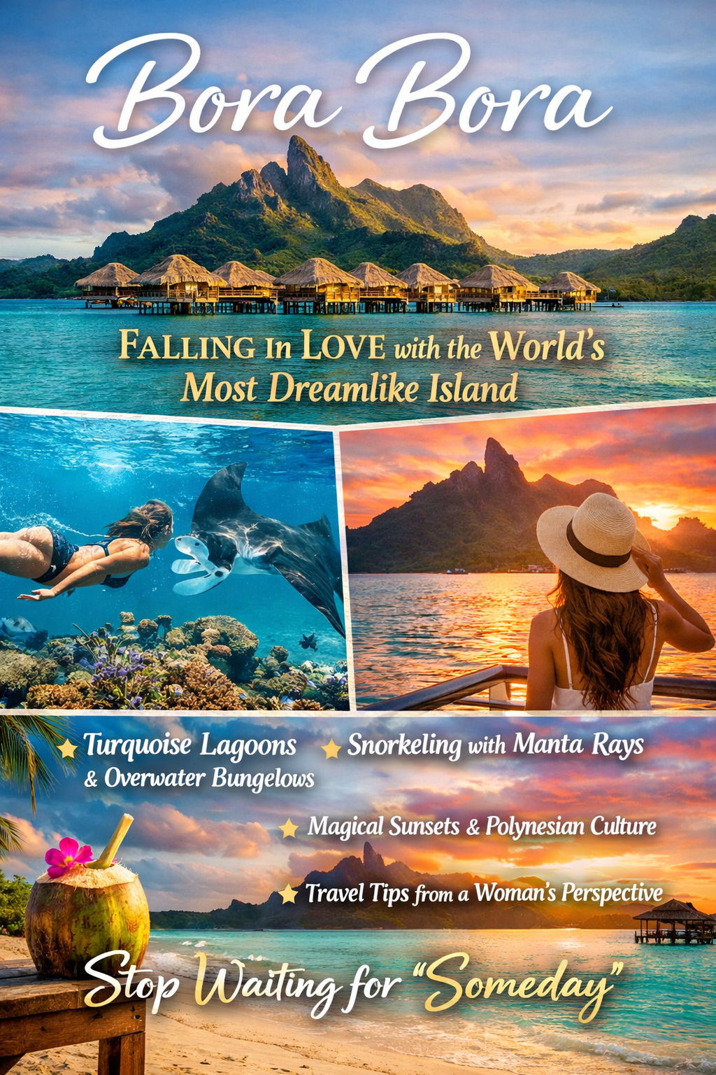 Bora Bora had always been my “someday” destination — the kind of place you save on Pinterest boards and secretly wonder if it can really be that beautiful. In this deeply personal travel story, I share what it truly feels like to arrive in French Polynesia, swim in crystal-clear turquoise lagoons, snorkel with manta rays, watch fiery sunsets over Mount Otemanu, and slow down in a way that changes you from the inside out. From practical travel tips and the best time to visit, to overwater bungalows, local culture, Polynesian dance, and unforgettable ocean adventures, this blog post blends real experience with useful information — all through a woman’s perspective. If you’ve ever dreamed of Bora Bora, this is your sign to stop saving it for “someday.”

https://veloriafemme.com/bora-bora