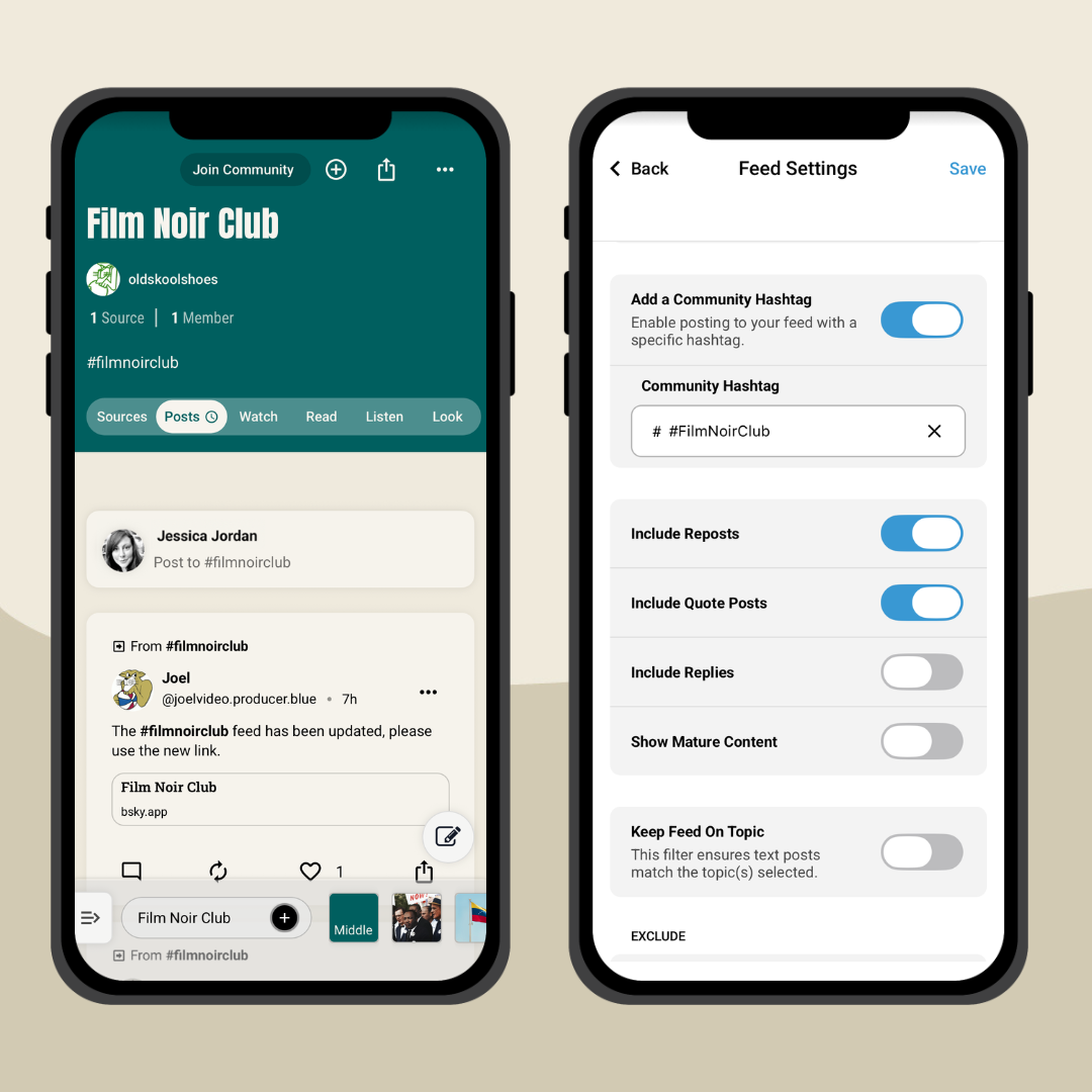 A screenshot of Flipboard's Surf app showing the Film Noir Club feed and the feed settings tab.