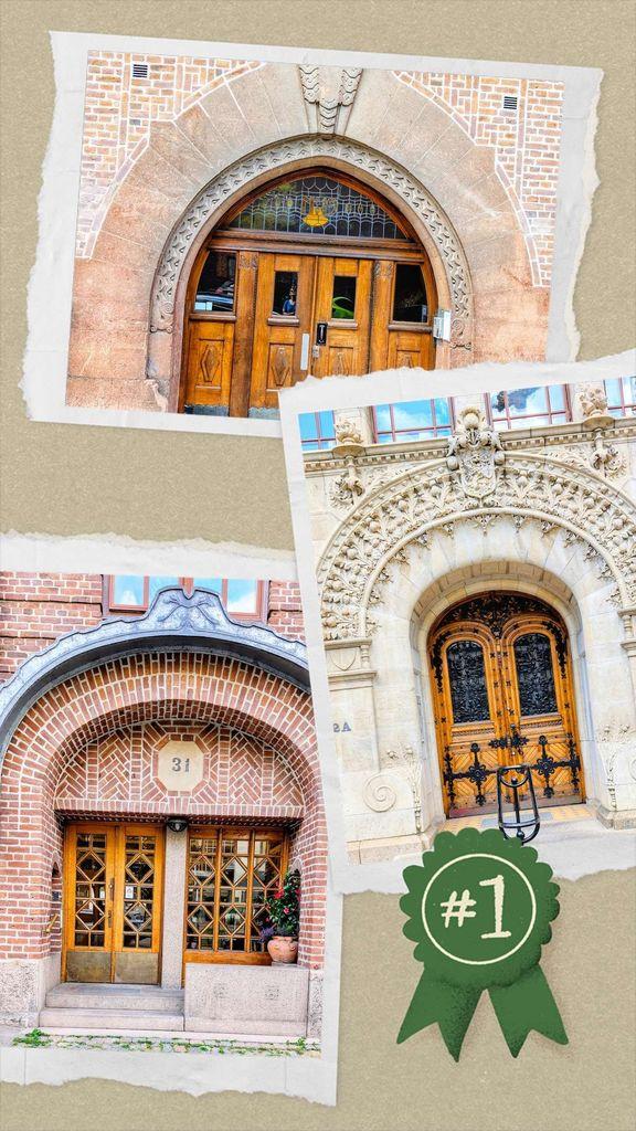 A scrapbook-style collage of three historic entryways from Gothenburg. The top image features a wide arched wooden door with a 1912 stained-glass transom set in patterned brickwork. The middle image shows ornate wooden double doors with black ironwork under a heavily carved floral stone arch. The bottom image displays wooden doors with a geometric diamond window grid recessed into a layered brick arch. A green ribbon with a "#1" emblem is pinned to the bottom right of the collage.