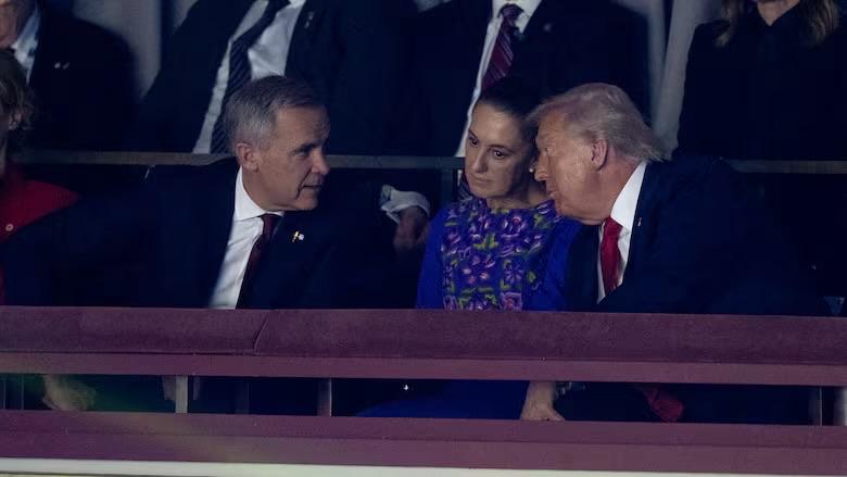 Three people in formal attire sit closely together in a theater box, engaged in conversation while others are seated in the background

ALT text:
“Picture of Prime Minister of #Canada Mark Carney, President of #Mexico Claudia Sheinbaum, and convicted rapist Donald #Trump

President of Mexico appears uncomfortably disgusted 🤮(puking emoji) being seated next to an #American convicted rapist”
