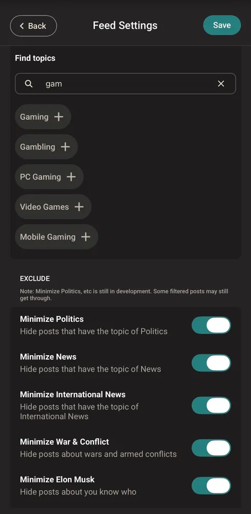 A screenshot of the Surf app's Feed Settings section showing a search for gaming and the excludes sectio with Minimize Politics, Minimize News, Minimize International News, Minimize War and Conflict and Minimize Elon Musk selected.