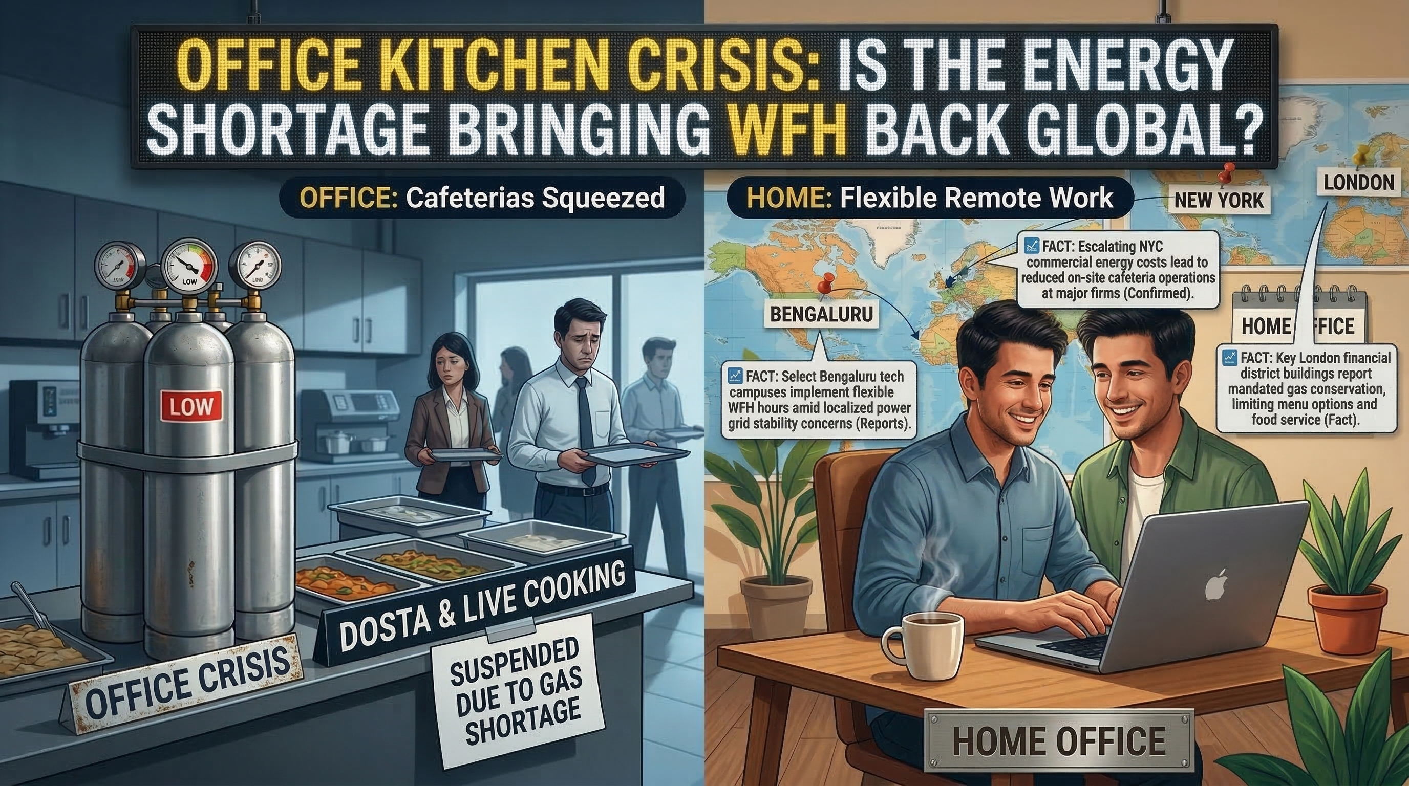 Office Kitchen Crisis: Is The Energy Shortage Bringing WFH Global?

🚨 Is the Office Cafeteria Crisis Bringing WFH Back? Just when strict Return-to-Office (RTO) mandates were becoming the norm, a completely unexpected global issue is forcing companies to pivot: we are running out of commercial cooking gas.

The Ripple Effect: It is not just the internal cafeterias. Street vendors and local food courts around business parks from Singapore to Kochi are scaling back, leaving employees with zero hot lunch options.

The big question: If the legendary corporate perks—like hot meals and collaborative dining—are taken away, does commuting to the office still make sense?

Many global HR departments are quietly bringing back temporary WFH days just to handle the logistical nightmare.

A growing number of multinational companies across major global business centers are beginning to consider bringing back temporary remote work options. The commercial LPG and broader energy supply crunch, triggered by the ongoing conflict in West Asia, is severely squeezing large-scale corporate cafeteria operations worldwide.

Here is a look at how the commercial fuel shortage is driving discussions around remote work across key global regions: