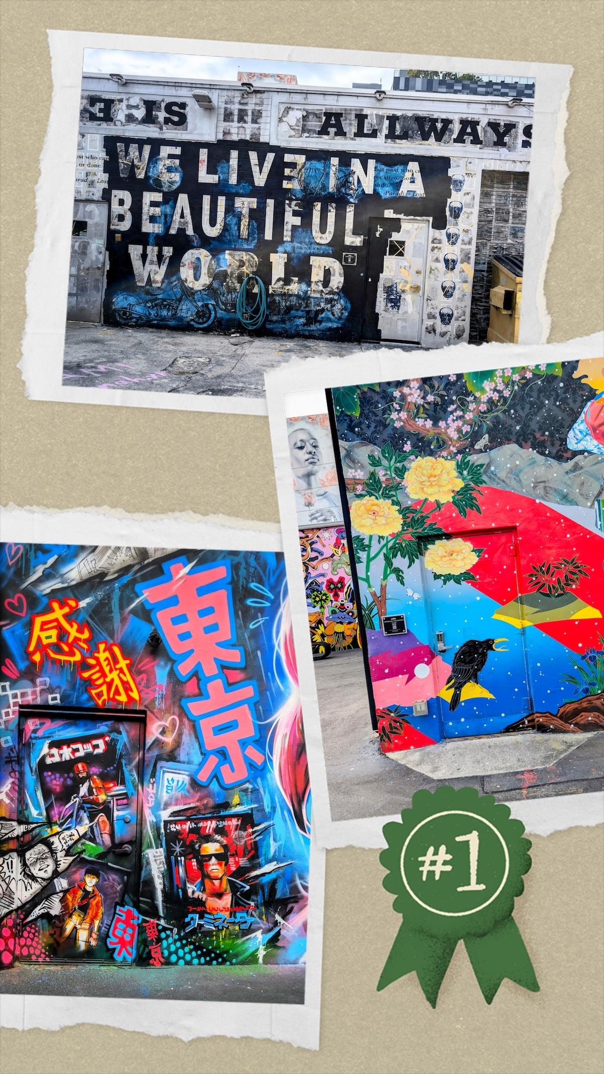 A photo collage of vibrant graffiti murals on building entrances, showcasing creative Miami street art doors in the Wynwood neighborhood.