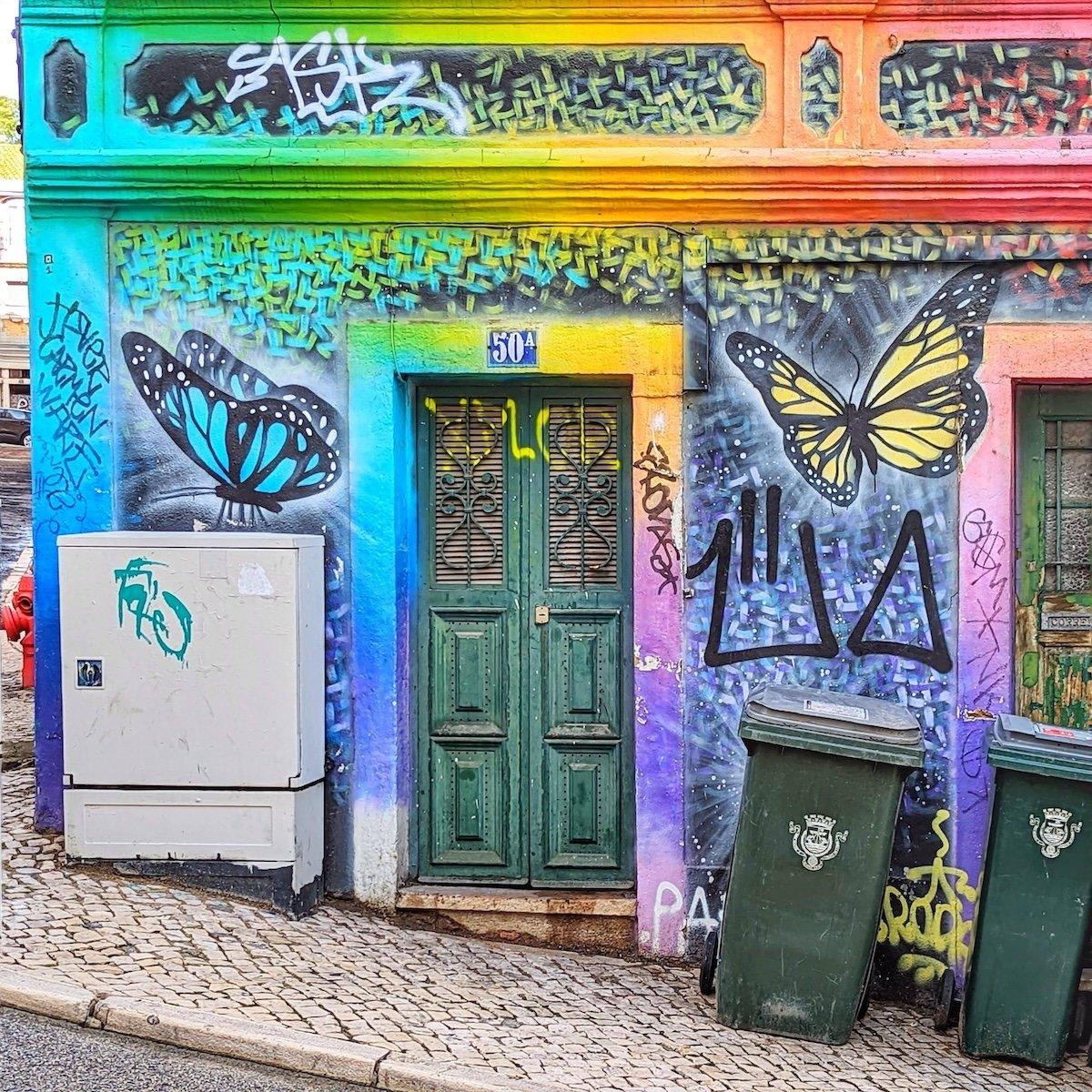 A green wooden door set into a wall entirely covered in rainbow-colored graffiti and large, realistic blue and yellow butterfly murals, with green bins in the foreground.