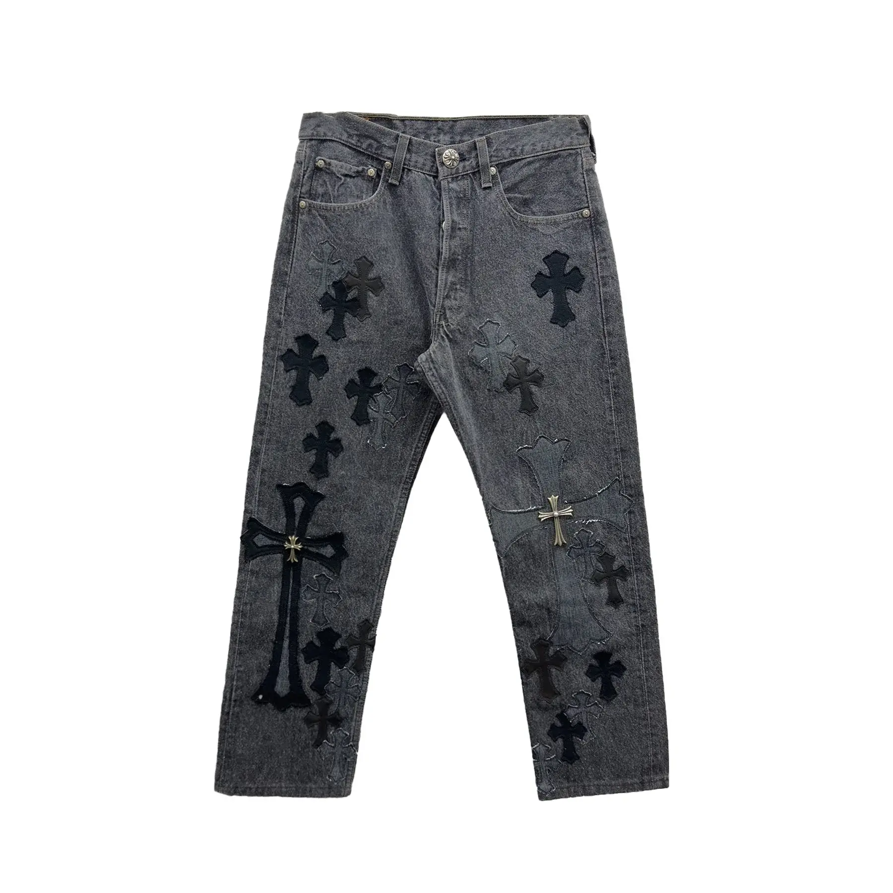 Black & Grey Silver Cross Patch Jeans